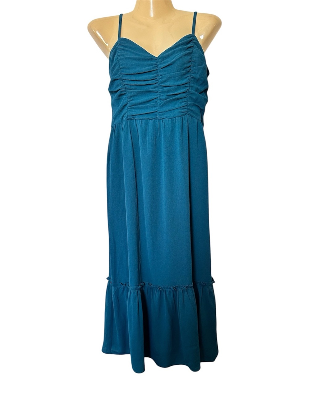 The General Good Teal Ruched Bust Spaghetti Strap Midi Dress
